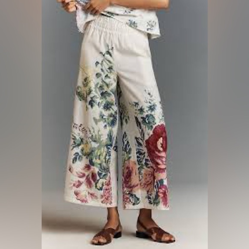 Anthropologie Somerset Pull On Wide Leg Linen Floral Pants Size S